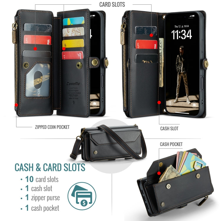 For iPhone 16 Plus CaseMe C36 Card Slots Zipper Wallet RFID Anti-theft Leather Phone Case(Black) - iPhone 16 Plus Cases by CaseMe | Online Shopping UK | buy2fix