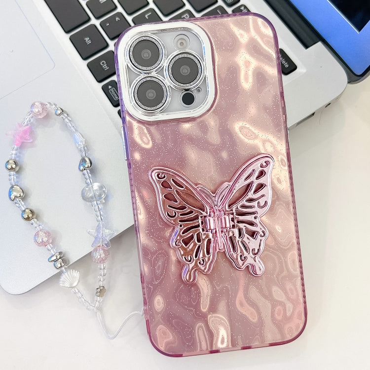 For iPhone 16 Pro Plating Glitter Lens Film Texture Butterfly Holder Wristband Phone Case(Pink Wrinkles) - iPhone 16 Pro Cases by buy2fix | Online Shopping UK | buy2fix