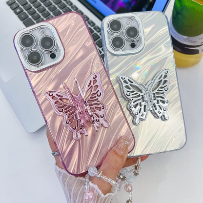 For iPhone 16 Pro Plating Glitter Lens Film Texture Butterfly Holder Wristband Phone Case(Pink Shell Pattern) - iPhone 16 Pro Cases by buy2fix | Online Shopping UK | buy2fix