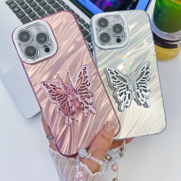 For iPhone 16 Pro Max Plating Glitter Lens Film Texture Butterfly Holder Wristband Phone Case(White Feathers) - iPhone 16 Pro Max Cases by buy2fix | Online Shopping UK | buy2fix