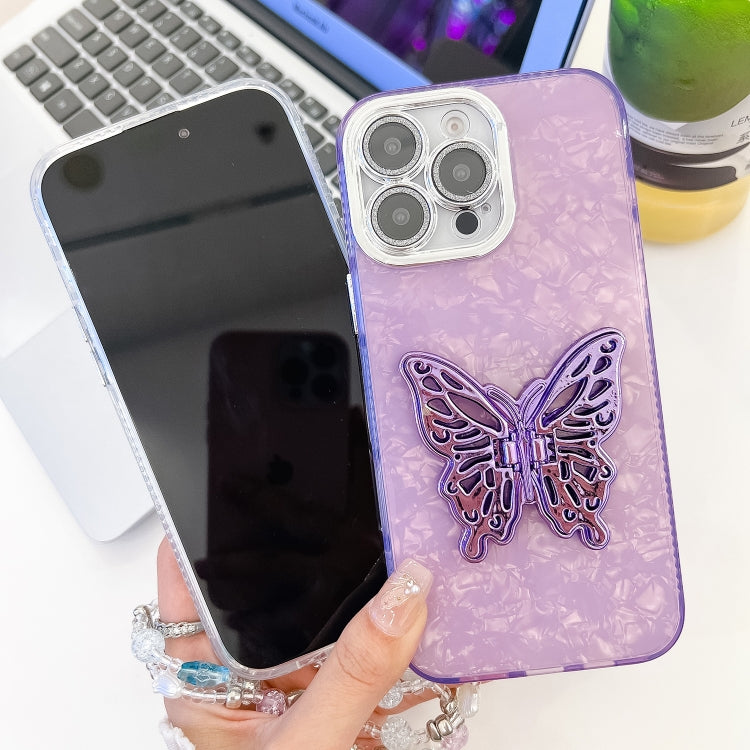 For iPhone 16 Pro Plating Glitter Lens Film Texture Butterfly Holder Wristband Phone Case(Purple Water Ripples) - iPhone 16 Pro Cases by buy2fix | Online Shopping UK | buy2fix