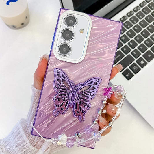 For Samsung Galaxy S25 5G Plating Glitter Lens Film Texture Butterfly Holder Wristband Phone Case(Purple Water Ripples) - Galaxy S25 5G Cases by buy2fix | Online Shopping UK | buy2fix