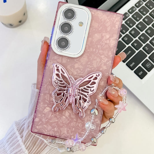 For Samsung Galaxy S25 5G Plating Glitter Lens Film Texture Butterfly Holder Wristband Phone Case(Pink Shell Pattern) - Galaxy S25 5G Cases by buy2fix | Online Shopping UK | buy2fix