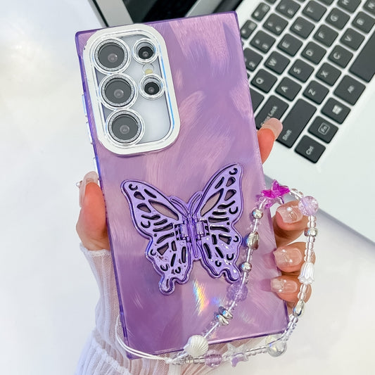 For Samsung Galaxy S25 Ultra 5G Plating Glitter Lens Film Texture Butterfly Holder Wristband Phone Case(Purple Feather Yarn) - Galaxy S25 Ultra 5G Cases by buy2fix | Online Shopping UK | buy2fix