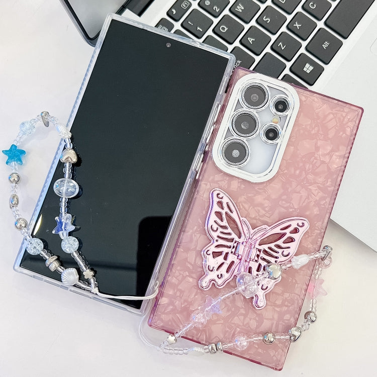 For Samsung Galaxy S25 5G Plating Glitter Lens Film Texture Butterfly Holder Wristband Phone Case(White Shell Pattern) - Galaxy S25 5G Cases by buy2fix | Online Shopping UK | buy2fix