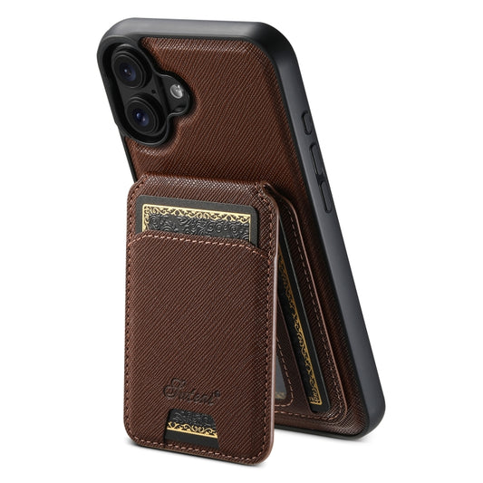 For iPhone 16 Suteni H18 Cross Grain MagSafe Wallet Leather Phone Case(Brown) - iPhone 16 Cases by Suteni | Online Shopping UK | buy2fix