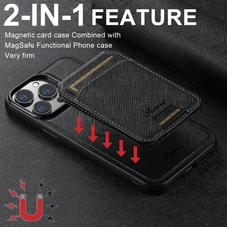 For iPhone 14 Pro Suteni H18 Cross Grain MagSafe Wallet Leather Phone Case(Black) - iPhone 14 Pro Cases by Suteni | Online Shopping UK | buy2fix