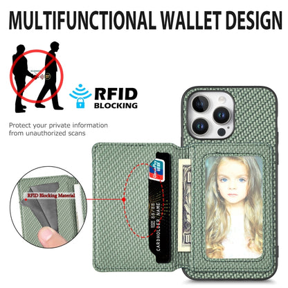 For iPhone 16 Plus Carbon Fiber Magnetic Card Wallet RFID Blocking Phone Case(Khaki) - iPhone 16 Plus Cases by buy2fix | Online Shopping UK | buy2fix