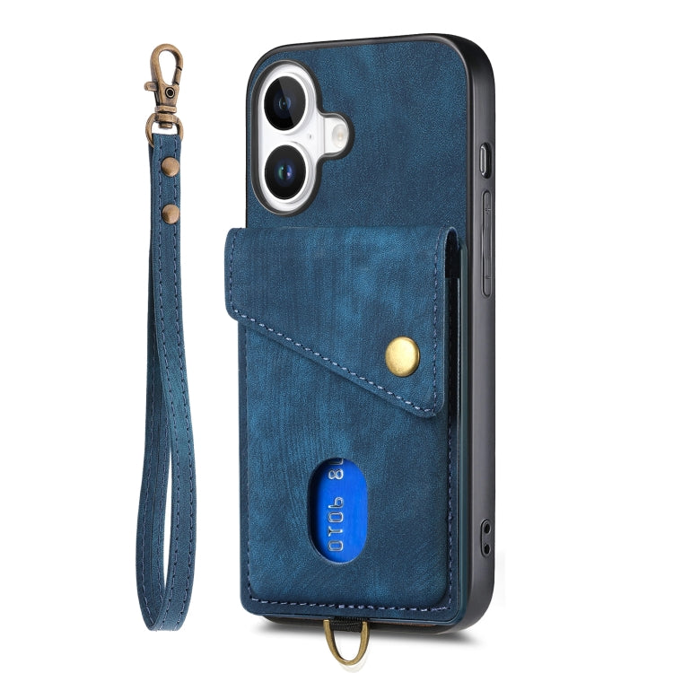 For iPhone 16 Plus Retro Card Wallet Fold Leather Phone Case with Strap(Blue) - iPhone 16 Plus Cases by buy2fix | Online Shopping UK | buy2fix