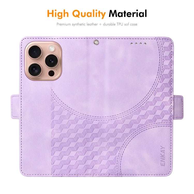 For iPhone 16 Pro Max ENKAY Embossed Rhombus Starry Leather Phone Case with Screen Film(Purple) - iPhone 16 Pro Max Cases by ENKAY | Online Shopping UK | buy2fix