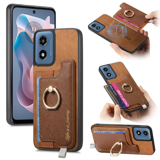 For Motorola Moto G Play 2024 4G Retro Magsafe Cross Leather Ring Holder Card Bag Phone Case(Brown) - Motorola Cases by buy2fix | Online Shopping UK | buy2fix