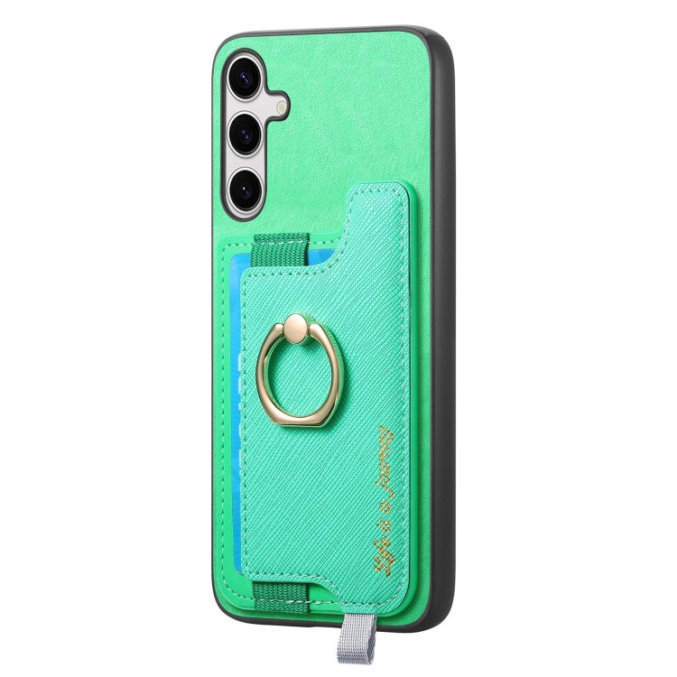 For Samsung Galaxy S25+ 5G Retro Cross Leather Ring Horizontal Insert Card Bag MagSafe Phone Case(Green) - Galaxy S25+ 5G Cases by buy2fix | Online Shopping UK | buy2fix