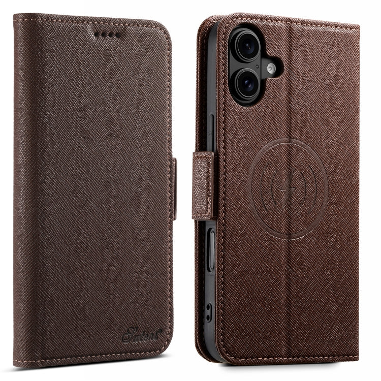 For iPhone 16 Plus Suteni J08 Multifunctional Cross Texture MagSafe Leather Phone Case(Brown) - iPhone 16 Plus Cases by Suteni | Online Shopping UK | buy2fix