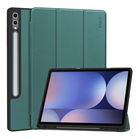 For Samsung Galaxy Tab S10+ / S9+ / S9 FE+ ENKAY Tri-fold Custer Texture TPU Leather Smart Tablet Case with Pen Slot(Dark Green) - Galaxy Tab S9+ Cases by ENKAY | Online Shopping UK | buy2fix