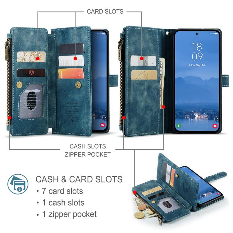 For Samsung Galaxy S25 5G CaseMe C30 Card Slots Zipper Wallet Leather Phone Case(Blue) - Galaxy S25 5G Cases by CaseMe | Online Shopping UK | buy2fix