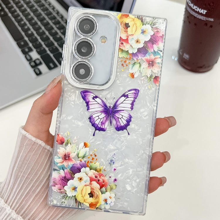 For Samsung Galaxy S25 5G Plating Texture Butterfly TPU Phone Case with Glitter Lens Film(Flowers Butterflies HU1) - Galaxy S25 5G Cases by buy2fix | Online Shopping UK | buy2fix