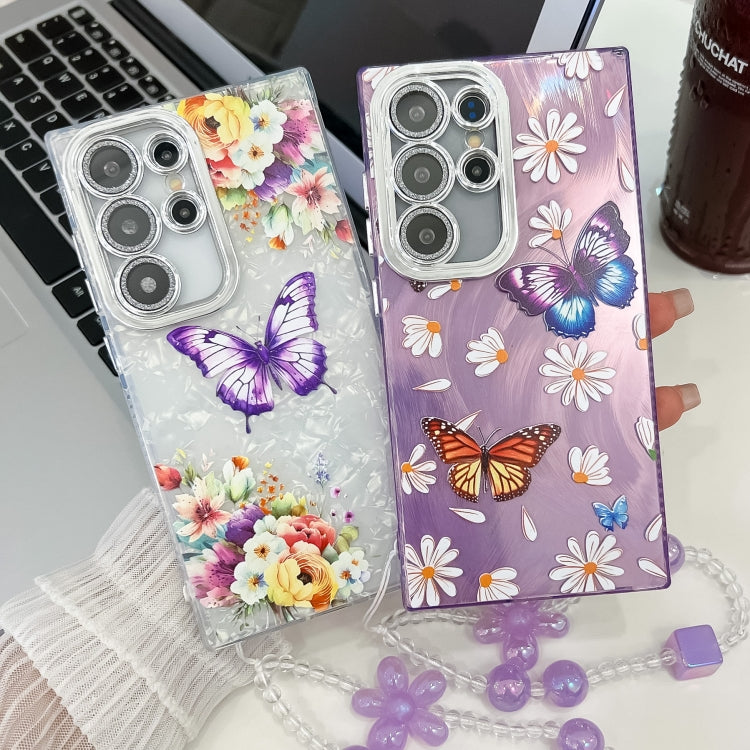 For Samsung Galaxy S25 5G Plating Texture Butterfly Wristband TPU Phone Case with Glitter Lens Film(Daisy Butterflies HU2) - Galaxy S25 5G Cases by buy2fix | Online Shopping UK | buy2fix