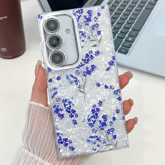 For Samsung Galaxy S25 5G Electroplating Flowers Plants Texture TPU Phone Case(Blue Flower FL13) - Galaxy S25 5G Cases by buy2fix | Online Shopping UK | buy2fix