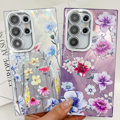 For Samsung Galaxy S25 Ultra 5G Electroplating Flowers Plants Texture TPU Phone Case(Blue Flower FL13) - Galaxy S25 Ultra 5G Cases by buy2fix | Online Shopping UK | buy2fix