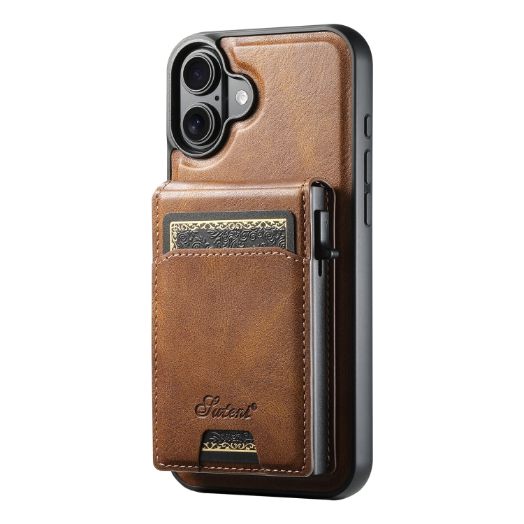 For iPhone 16 Plus Suteni H19 Oil Wax 2-in-1 MagSafe Removable Card Box Back Phone Case(Brown) - iPhone 16 Plus Cases by Suteni | Online Shopping UK | buy2fix