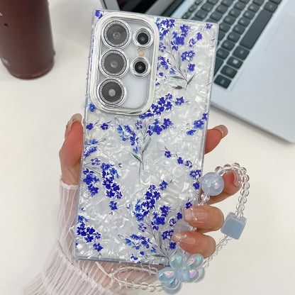 For Samsung Galaxy S25 Ultra 5G Electroplating Flowers Plants Texture Wristband TPU Phone Case(Blue Flower FL13) - Galaxy S25 Ultra 5G Cases by buy2fix | Online Shopping UK | buy2fix