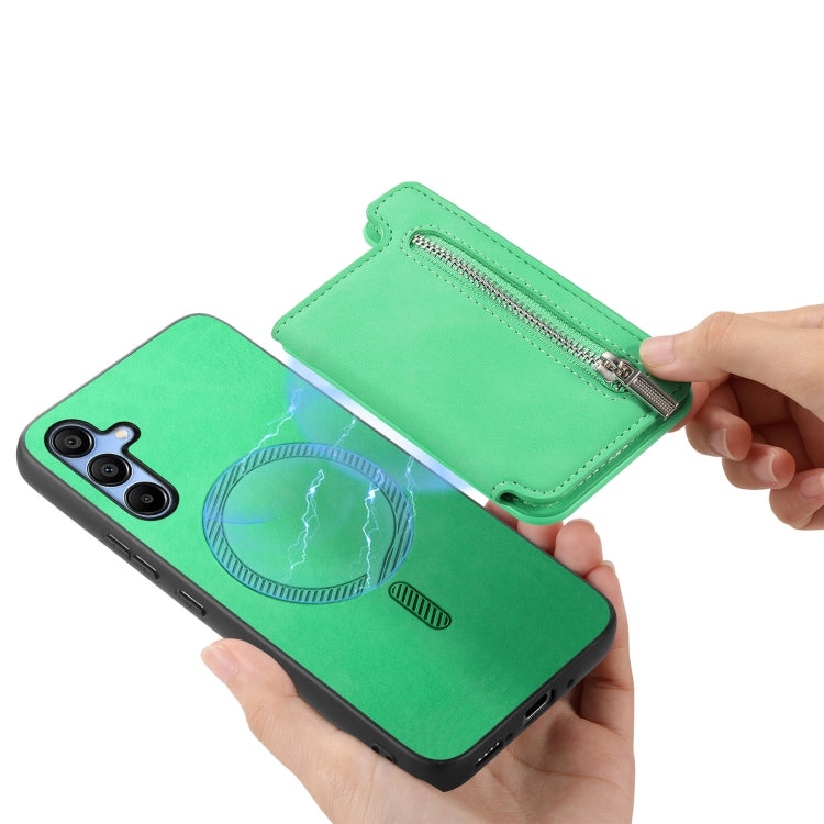 For Samsung Galaxy S25 5G Retro MagSafe Zipper Wallet Card Bag Back Phone Case(Green) - Galaxy S25 5G Cases by buy2fix | Online Shopping UK | buy2fix