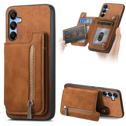 For Samsung Galaxy S25 5G Retro MagSafe Zipper Wallet Card Bag Back Phone Case(Brown) - Galaxy S25 5G Cases by buy2fix | Online Shopping UK | buy2fix