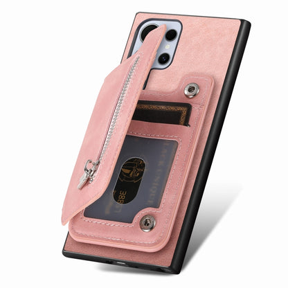 For Samsung Galaxy S25 Ultra 5G Retro MagSafe Zipper Wallet Card Bag Back Phone Case(Pink) - Galaxy S25 Ultra 5G Cases by buy2fix | Online Shopping UK | buy2fix