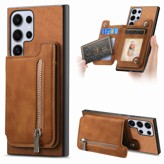 For Samsung Galaxy S25 Ultra 5G Retro MagSafe Zipper Wallet Card Bag Back Phone Case(Brown) - Galaxy S25 Ultra 5G Cases by buy2fix | Online Shopping UK | buy2fix