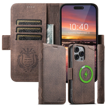 For iPhone 16 Plus Suteni J07 Multi-functional Horizontal MagSafe Denim Leather Phone Case(Brown) - iPhone 16 Plus Cases by Suteni | Online Shopping UK | buy2fix