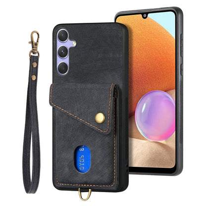 For Samsung Galaxy S25+ 5G Retro Card Wallet Fold Leather Phone Case with Strap(Black) - Galaxy S25+ 5G Cases by buy2fix | Online Shopping UK | buy2fix