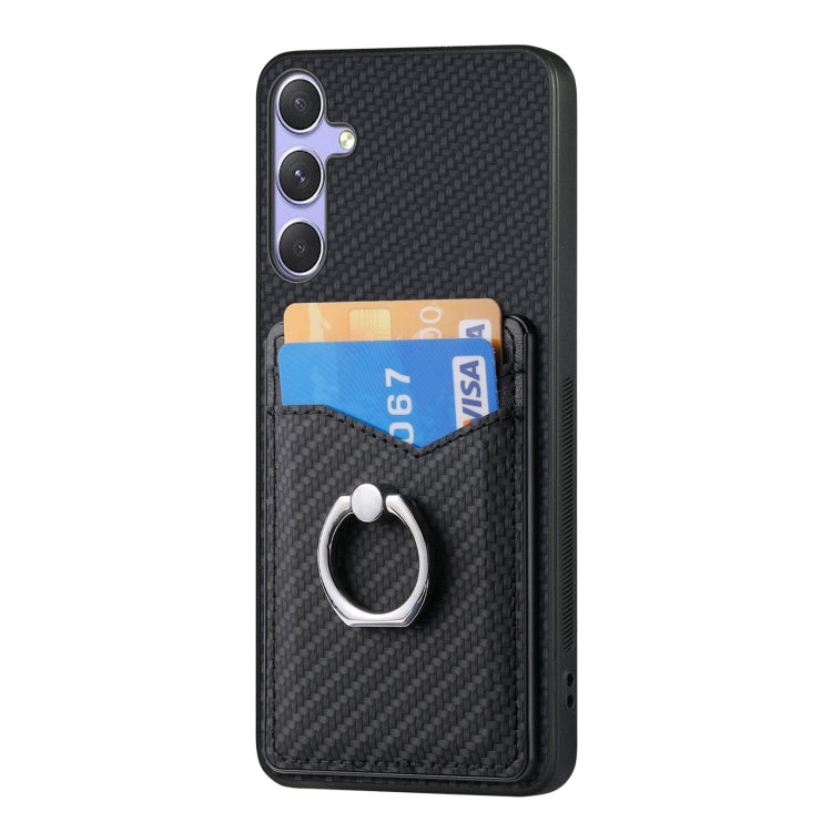 For Samsung Galaxy S25+ 5G Carbon Fiber Card Wallet Ring Phone Case(Black) - Galaxy S25+ 5G Cases by buy2fix | Online Shopping UK | buy2fix