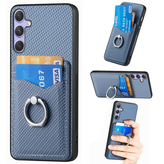 For Samsung Galaxy S25+ 5G Carbon Fiber Card Wallet Ring Phone Case(Blue) - Galaxy S25+ 5G Cases by buy2fix | Online Shopping UK | buy2fix