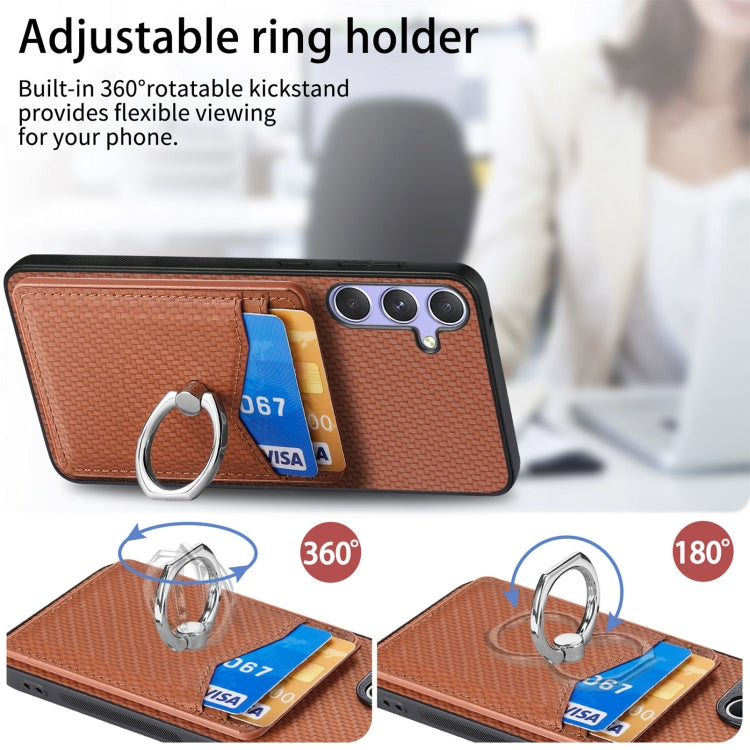 For Samsung Galaxy S25 5G Carbon Fiber Card Wallet Ring Phone Case(Khaki) - Galaxy S25 5G Cases by buy2fix | Online Shopping UK | buy2fix