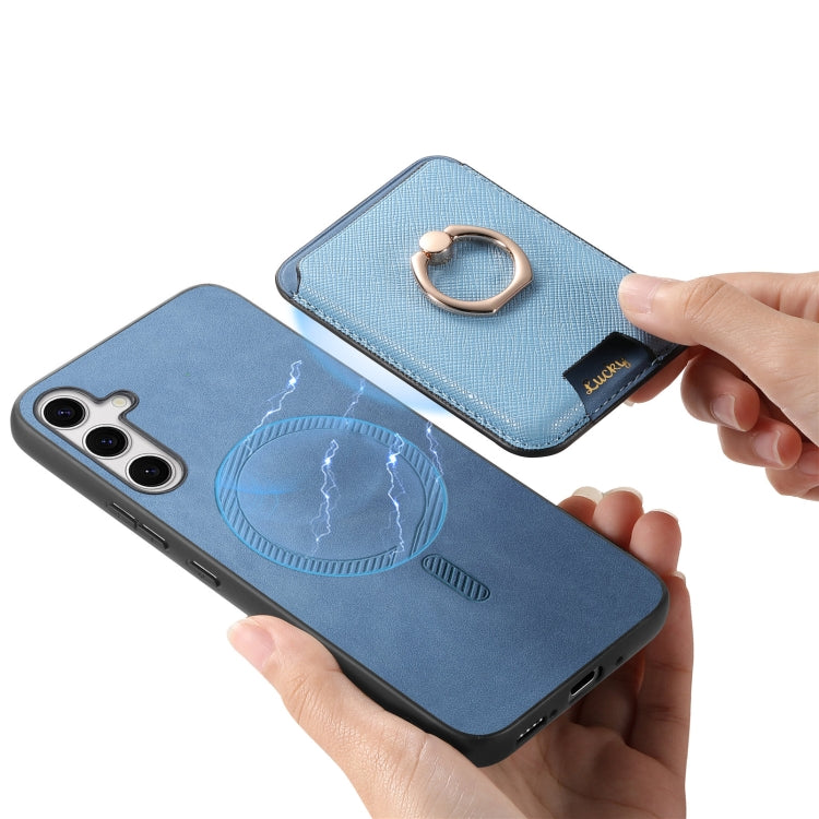 For Samsung Galaxy S25+ 5G Retro Cross Leather Ring Vertical Insert Card Bag MagSafe Phone Case(Blue) - Galaxy S25+ 5G Cases by buy2fix | Online Shopping UK | buy2fix