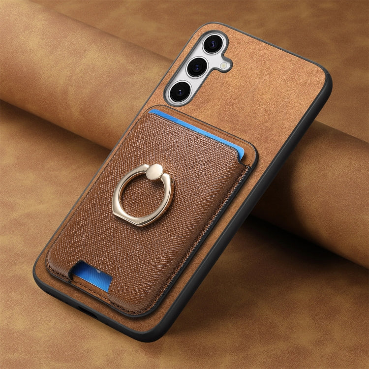 For Samsung Galaxy S25+ 5G Retro Cross Leather Ring Vertical Insert Card Bag MagSafe Phone Case(Brown) - Galaxy S25+ 5G Cases by buy2fix | Online Shopping UK | buy2fix