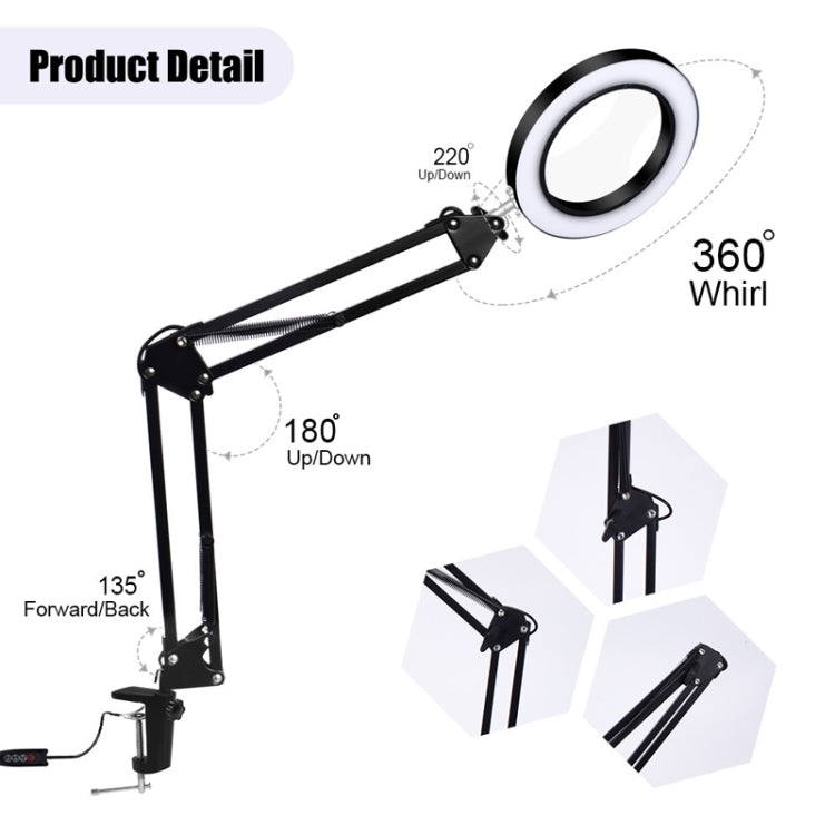 5X Magnifying Glass LED Folding Long Arm Clip Light Eye-protection USB Reading Lamp, Size: Medium(Black) - Desk Lamps by buy2fix | Online Shopping UK | buy2fix