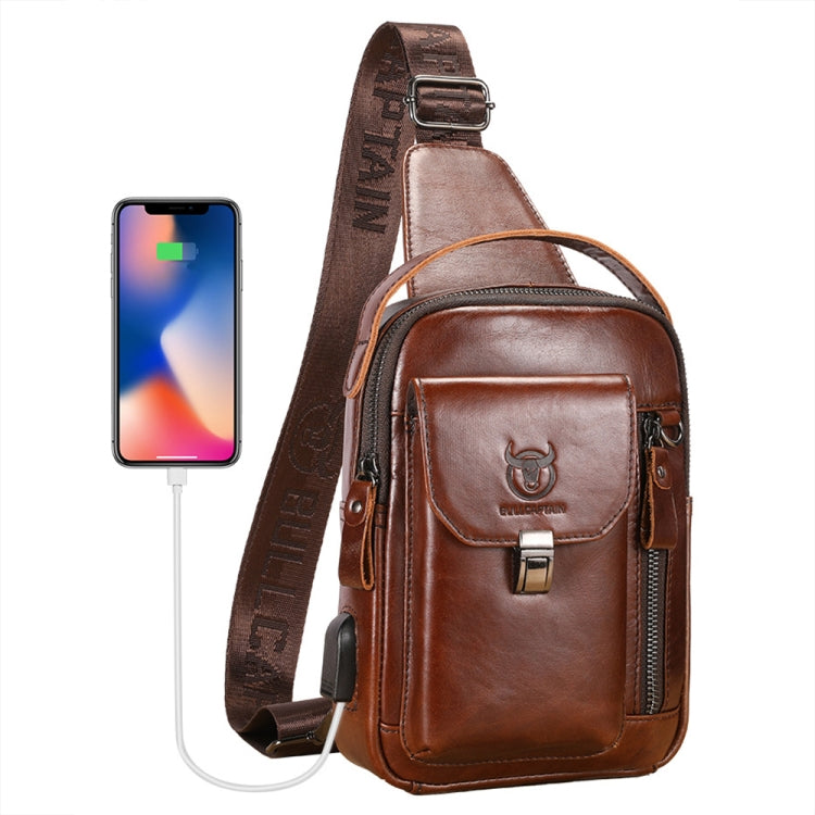 BULL CAPTAIN 122 Large-capacity Retro Cowhide Single-shoulder Crossbody Chest Bag with USB Port(Coffee) - Single-shoulder Bags by BULL CAPTAIN | Online Shopping UK | buy2fix