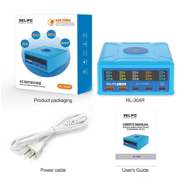 RELIFE RL-304R 5-Port 260W GaN Smart USB Fast Charger With 15W Wireless Chargind LCD Display(US Plug) - Multifunction Charger by RELIFE | Online Shopping UK | buy2fix