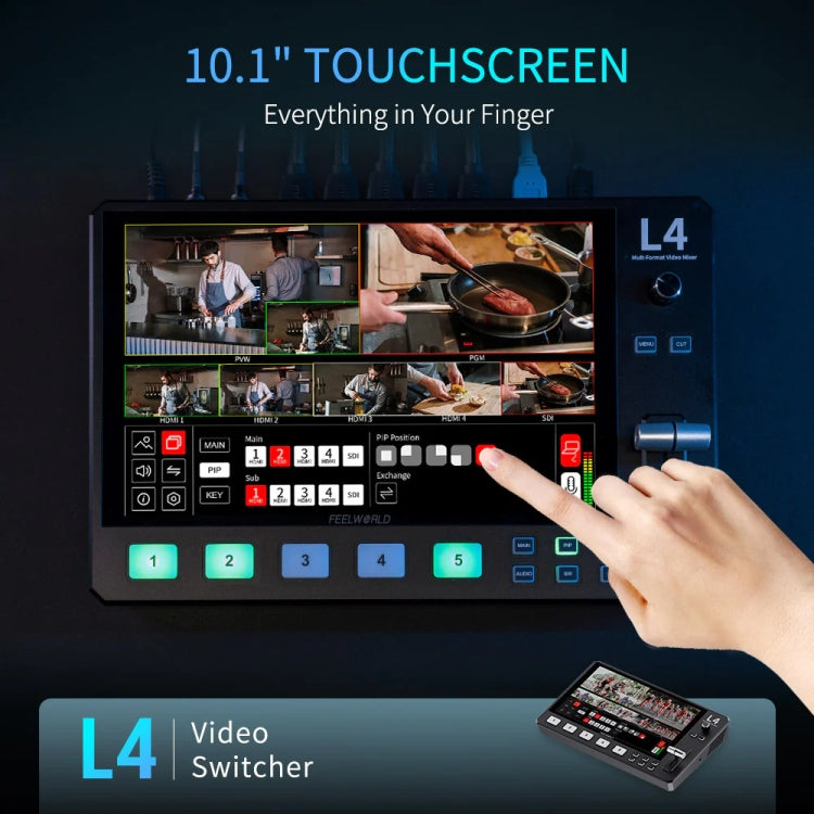 FEELWORLD L4 Multi-Camera Video Mixer Switcher 10.1" Touch Screen USB 3.0 Fast Streaming(US Plug) - On-camera Monitors by FEELWORLD | Online Shopping UK | buy2fix