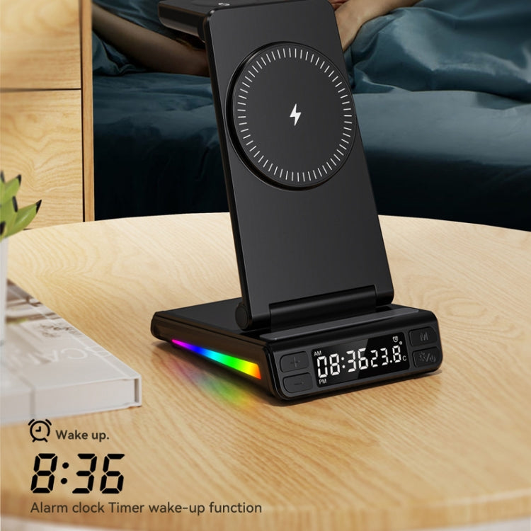 5-in-1 Desktop Magnetic Wireless Charger with Clock and Temperature Display for Smartphones / Watches / Earphones(Black) - Wireless Charger by buy2fix | Online Shopping UK | buy2fix