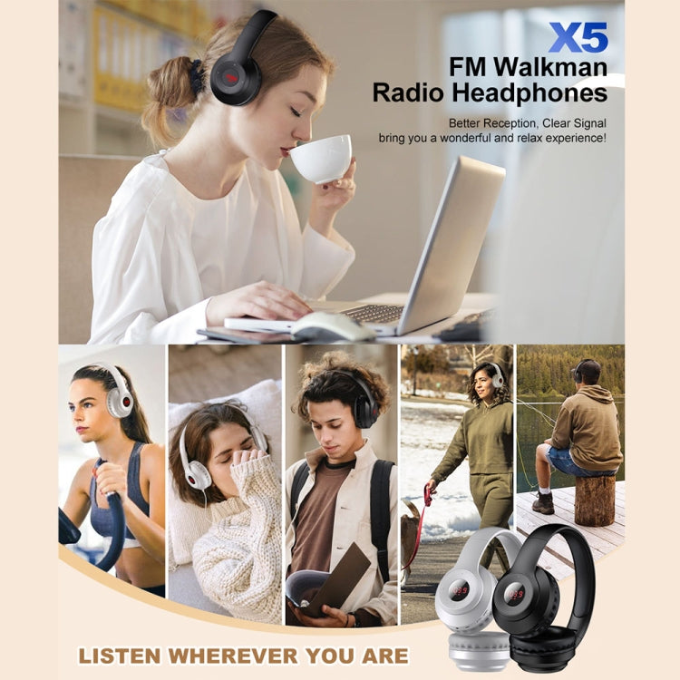 X5 Portable Digital Display Folding Headset FM Radio Headphones, Color: Charging Black - Radio Player by buy2fix | Online Shopping UK | buy2fix