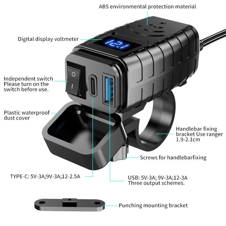 PD3.0 Motorcycle USB Mobile Phone Charger Digital Voltage Meter with Switch(Blue Screen) - Battery Charger by buy2fix | Online Shopping UK | buy2fix