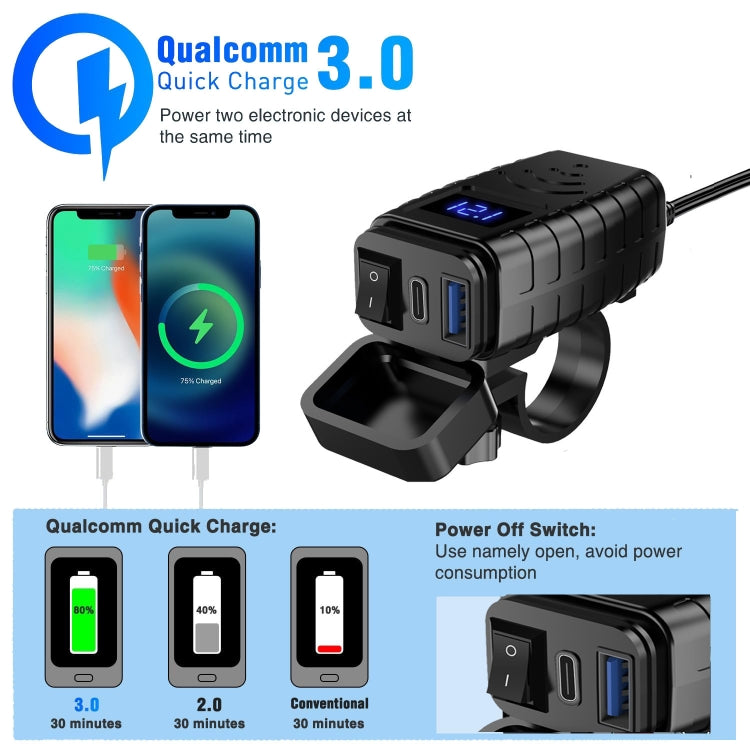 PD3.0 Motorcycle USB Mobile Phone Charger Digital Voltage Meter with Switch(Blue Screen) - Battery Charger by buy2fix | Online Shopping UK | buy2fix