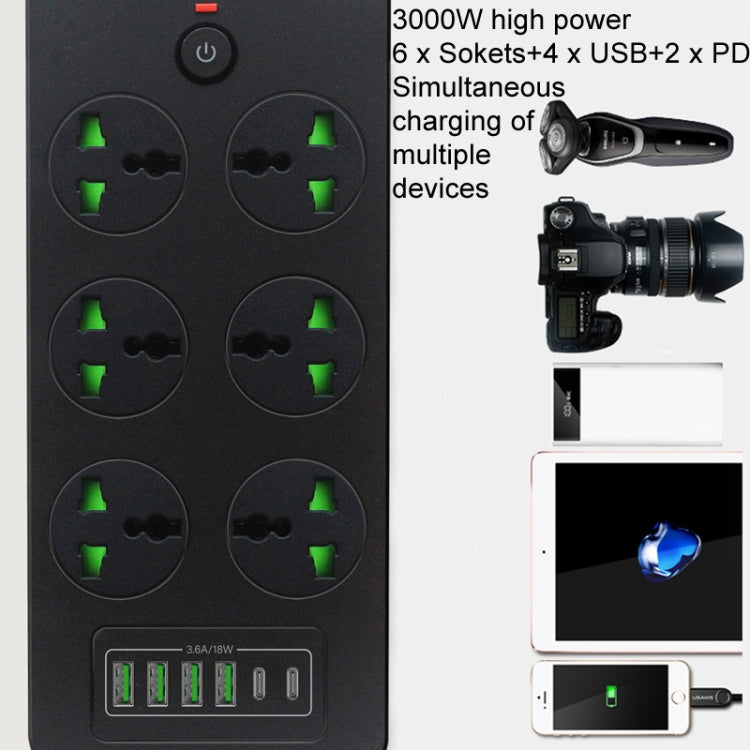 Thunderproof Overload Protection 4USB+2PD+6 Holes Socket, Color: Black EU Plug - Extension Socket by buy2fix | Online Shopping UK | buy2fix