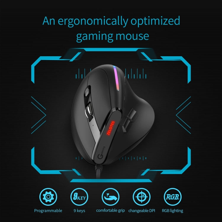 ZELOTES T50 9-Keys RGB Lighting Effect Vertical Grip Ergonomic Programming Wired Mouse(Black) - Wired Mice by ZELOTES | Online Shopping UK | buy2fix