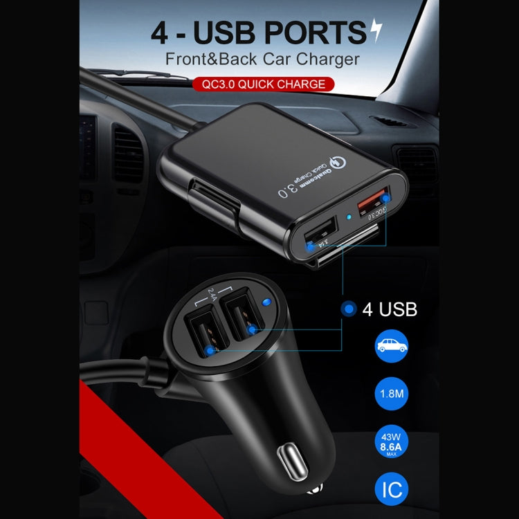 HMQ-C801 1.8m 8A Max 4 Ports USB Car Charger with Extending USB HUB for Front & Back Seat Charging (Black) - In Car by buy2fix | Online Shopping UK | buy2fix