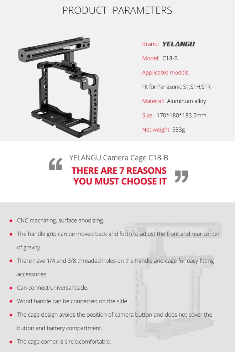 YELANGU C18 YLG0915A-B Video Camera Cage Stabilizer with Handle for Panasonic Lumix DC-S1H / DC-S1 / DC-S1R (Black) - Camera Cage by YELANGU | Online Shopping UK | buy2fix