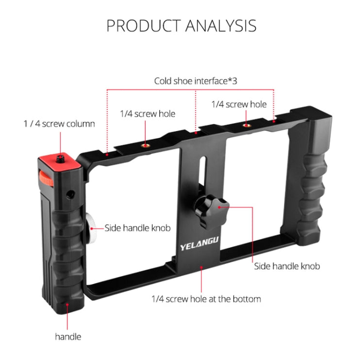 YELANGU PC02A Vlogging Live Broadcast Plastic Cage Video Rig Filmmaking Stabilizer Bracket for iPhone, Galaxy, Huawei, Xiaomi, HTC, LG, Google, and Other Smartphones(Black) - Consumer Electronics by YELANGU | Online Shopping UK | buy2fix