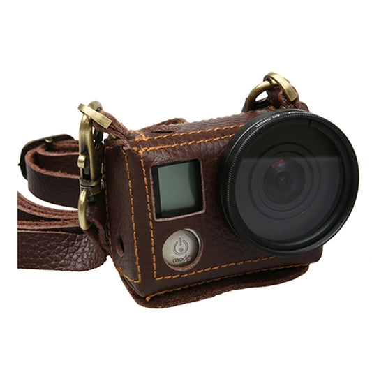 For GoPro HERO4 Litchi Texture Genuine Leather Protective Case with Sling(Brown) - DJI & GoPro Accessories by buy2fix | Online Shopping UK | buy2fix